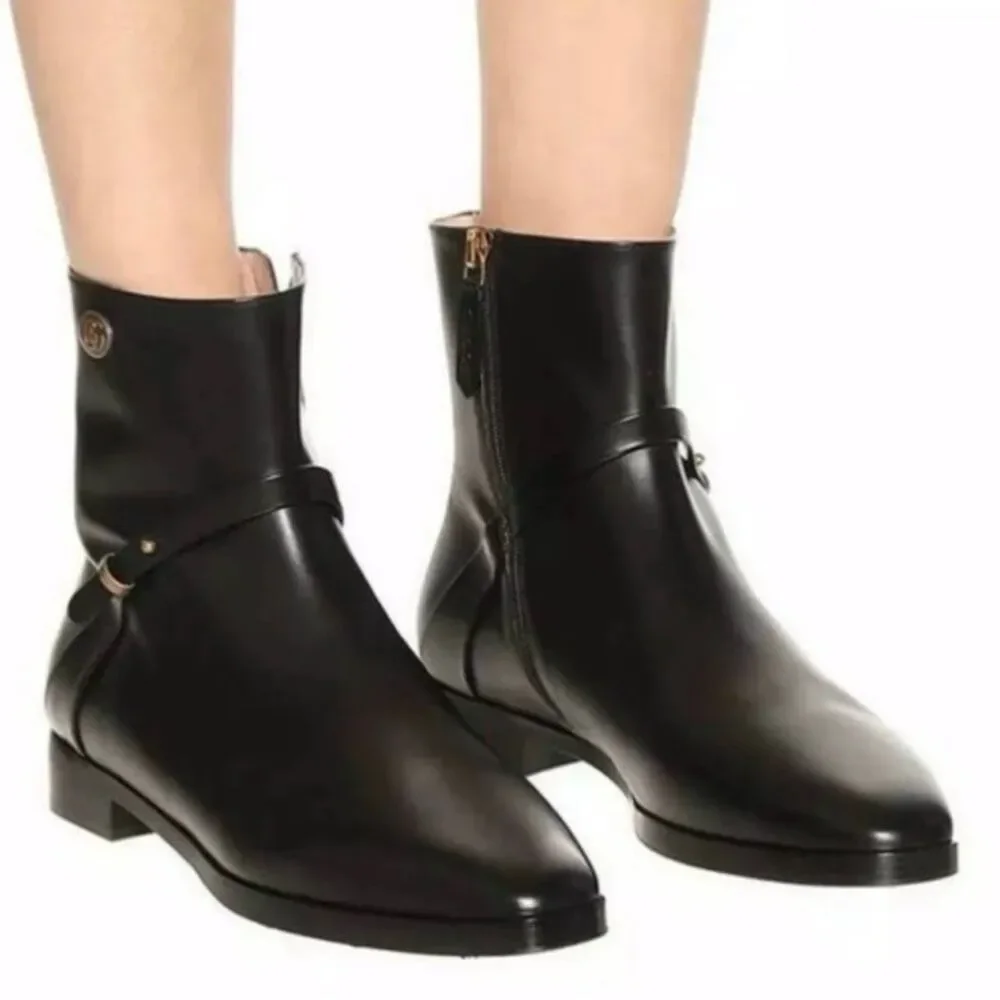 GUCCI Elite GG Ankle Boots Size 38.5 US 8.5 Black Leather Harness Low Heel Calf